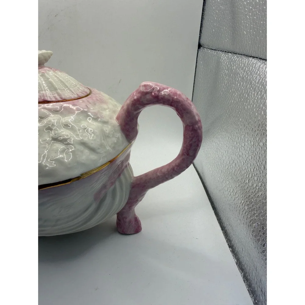Belleek Ireland Neptune Shell Teapot Pink White Gold Trim Parian China